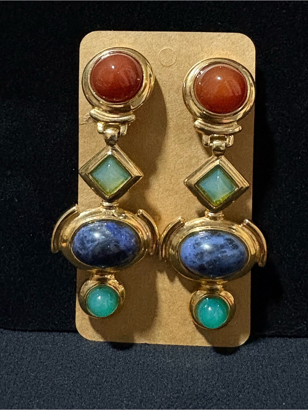 Vintage Francesca Romana Carnelian Sodalite Chrysoprase Clip-On Earrings